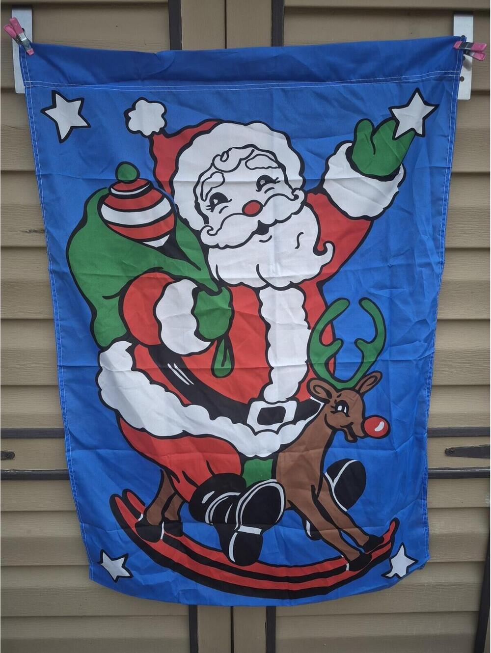 Vintage Yard Flag House Christmas Santa Claus Reindeer W/ Presents 40"x28"